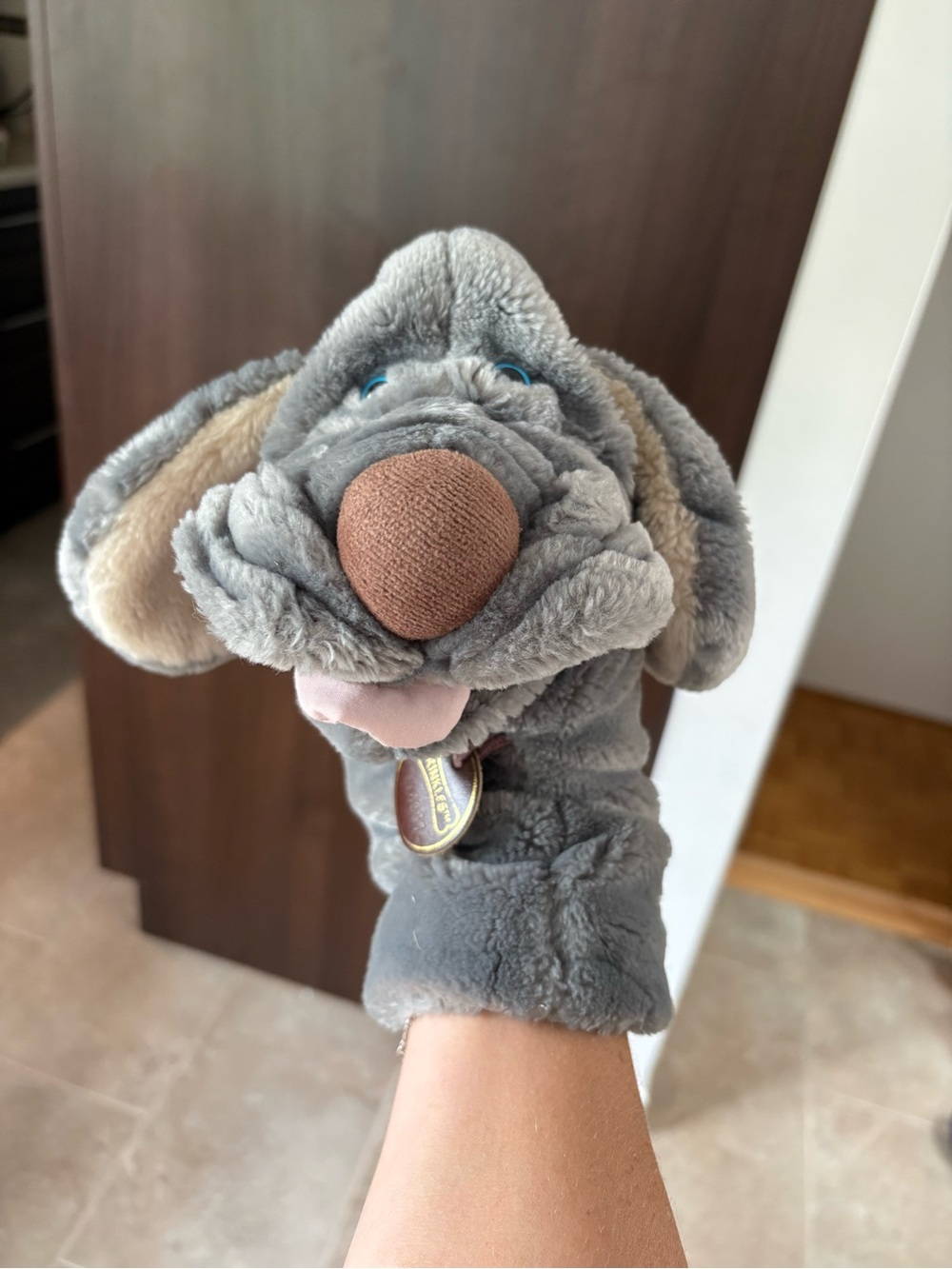 Vintage 1984 Heritage Soft Gray Plush Hand Puppet with Brown Trim Tag